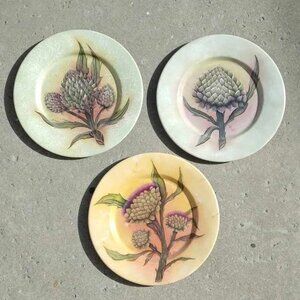 3 meticulously Hand Painted Enamel & Signed Metal Artichoke Collector Display Pl